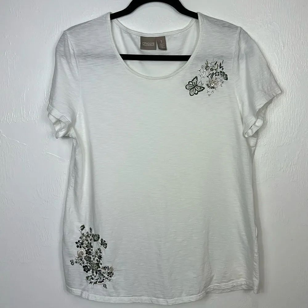 Chico’s White Cotton Floral Butterfly Embroidery Short Sleeve Top Size M